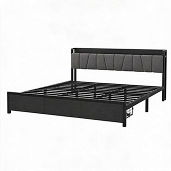 Industrial Platform Bed Frame with Storage Headboard - 2 Extra-Large Drawers & USB Charging Station