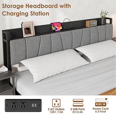 Industrial Platform Bed Frame with Storage Headboard - 2 Extra-Large Drawers & USB Charging Station