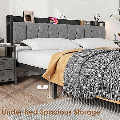 Industrial Platform Bed Frame with Storage Headboard - 2 Extra-Large Drawers & USB Charging Station