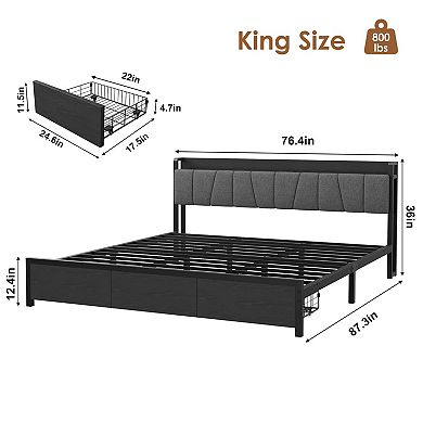 Industrial Platform Bed Frame with Storage Headboard - 2 Extra-Large Drawers & USB Charging Station