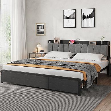 Industrial Platform Bed Frame with Storage Headboard - 2 Extra-Large Drawers & USB Charging Station