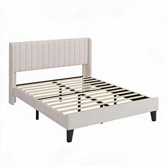 Upholstered Platform Bed Frame Queen/Full, Soft Velour Bed with Wingback Headboard, Wood Slats
