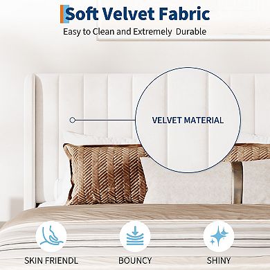 Upholstered Platform Bed Frame Queen/Full, Soft Velour Bed with Wingback Headboard, Wood Slats