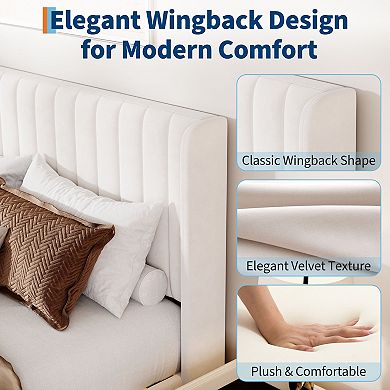 Upholstered Platform Bed Frame Queen/Full, Soft Velour Bed with Wingback Headboard, Wood Slats