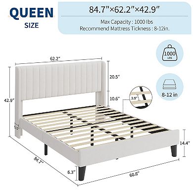 Upholstered Platform Bed Frame Queen/Full, Soft Velour Bed with Wingback Headboard, Wood Slats