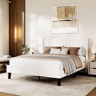 Upholstered Platform Bed Frame Queen/Full, Soft Velour Bed with Wingback Headboard, Wood Slats