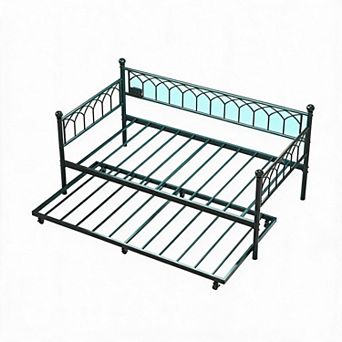 Twin Size Daybed with Trundle, Metal Sofa Bed Frame with RGB LED Lights & Charging Station