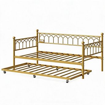 Twin Size Daybed with Trundle, Metal Sofa Bed Frame with RGB LED Lights & Charging Station