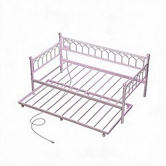 Twin Size Daybed with Trundle, Metal Sofa Bed Frame with RGB LED Lights & Charging Station