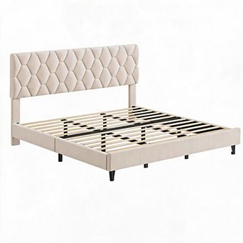 Modern Upholstered Platform Bed Frame with Adjustable Fabric Headboard - Strong Wood Slat Support