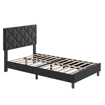 Modern Upholstered Platform Bed Frame with Adjustable Fabric Headboard - Strong Wood Slat Support