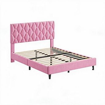 Modern Upholstered Platform Bed Frame with Adjustable Fabric Headboard - Strong Wood Slat Support