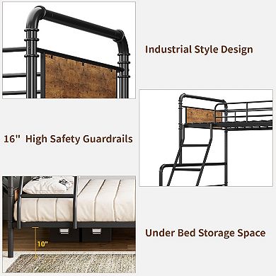 Twin Over Full Size, Space Saving Bunk Bed with High Guardrail and Ladder, Heavy Duty Metal Bunk Bed