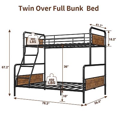 Twin Over Full Size, Space Saving Bunk Bed with High Guardrail and Ladder, Heavy Duty Metal Bunk Bed