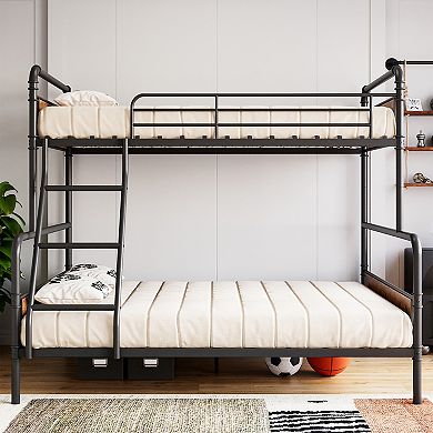 Twin Over Full Size, Space Saving Bunk Bed with High Guardrail and Ladder, Heavy Duty Metal Bunk Bed