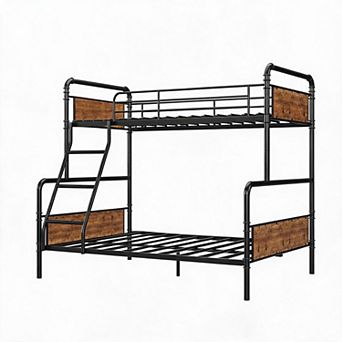 Twin Over Full Size, Space Saving Bunk Bed with High Guardrail and Ladder, Heavy Duty Metal Bunk Bed