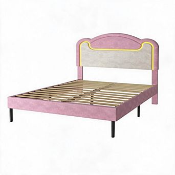 Kids Upholstered Soft Bed with LED Lights,without Drawers