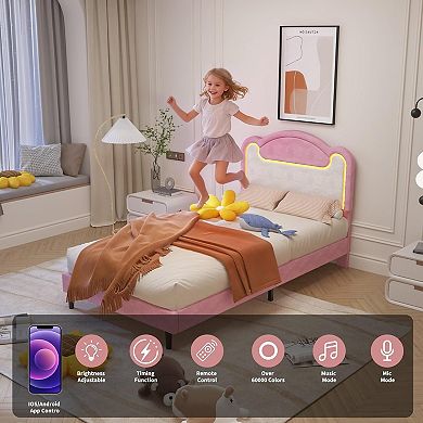 Kids Upholstered Soft Bed with LED Lights,without Drawers