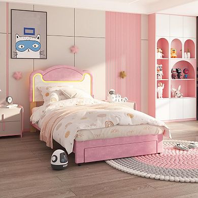 Kids Upholstered Soft Bed with LED Lights,without Drawers