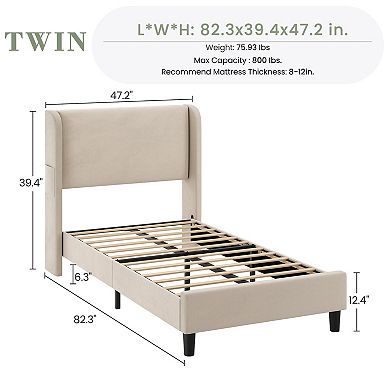 Twin Bed Frame with Headboad and Wingback, Elegant Vertical Stripe Velvet Upholstered
