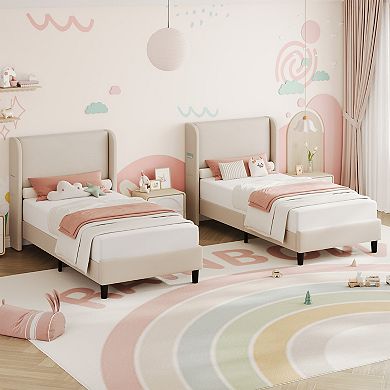 Twin Bed Frame with Headboad and Wingback, Elegant Vertical Stripe Velvet Upholstered