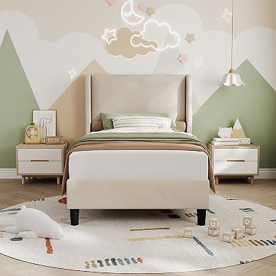 Twin Bed Frame with Headboad and Wingback, Elegant Vertical Stripe Velvet Upholstered