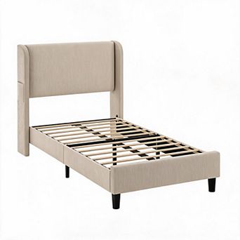 Twin Bed Frame with Headboad and Wingback, Elegant Vertical Stripe Velvet Upholstered