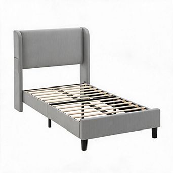 Twin Bed Frame with Headboad and Wingback, Elegant Vertical Stripe Velvet Upholstered