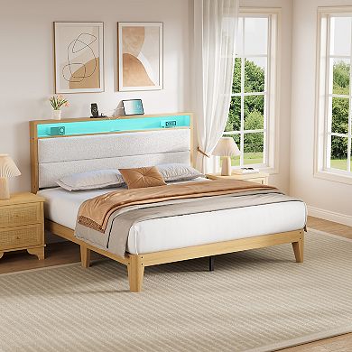 Upholstered Platform Bed Frame with RGB LED Lights, Storage Headboard & Charging Station