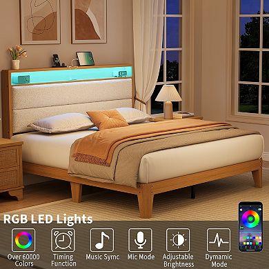 Upholstered Platform Bed Frame with RGB LED Lights, Storage Headboard & Charging Station