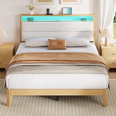 Upholstered Platform Bed Frame with RGB LED Lights, Storage Headboard & Charging Station