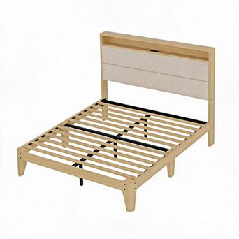 Upholstered Platform Bed Frame with RGB LED Lights, Storage Headboard & Charging Station