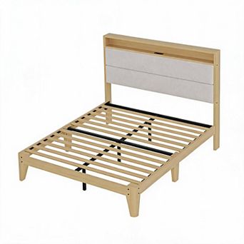 Upholstered Platform Bed Frame with RGB LED Lights, Storage Headboard & Charging Station
