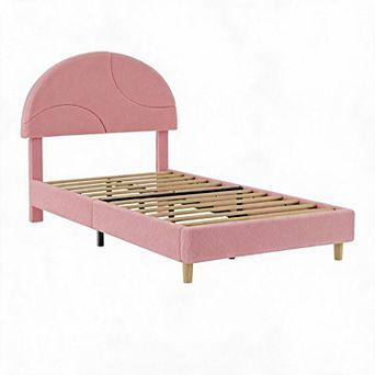 Modern Cloud-Shaped Fleece Bed with Wooden Slats, No Box Spring Required and Easy Assembly