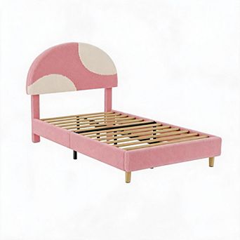 Modern Cloud-Shaped Fleece Bed with Wooden Slats, No Box Spring Required and Easy Assembly