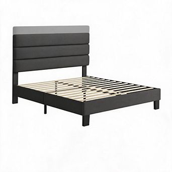 Upholstered Bed Frame with Fabric Headboard, Platform Bed with Engineered Wood Slats and Iron Frame
