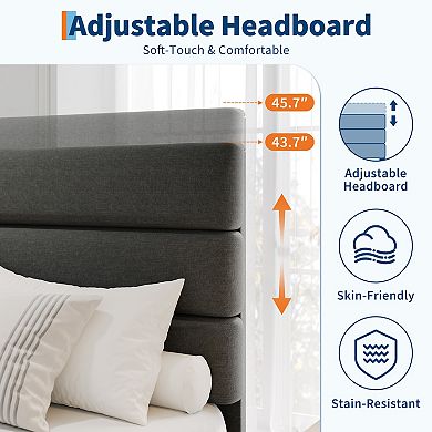 Upholstered Bed Frame with Fabric Headboard, Platform Bed with Engineered Wood Slats and Iron Frame