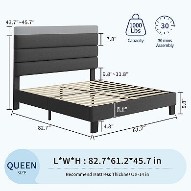 Upholstered Bed Frame with Fabric Headboard, Platform Bed with Engineered Wood Slats and Iron Frame