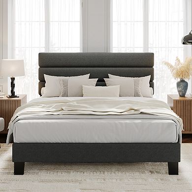 Upholstered Bed Frame with Fabric Headboard, Platform Bed with Engineered Wood Slats and Iron Frame
