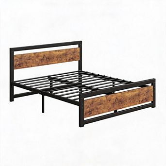 Metal Platform Bed with Wooden Headboard, Rustic Brown Frame, Noise-Free Design
