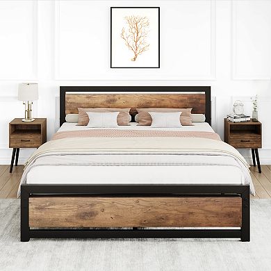Metal Platform Bed with Wooden Headboard, Rustic Brown Frame, Noise-Free Design