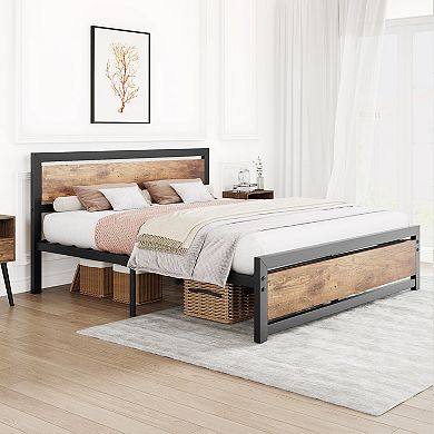 Metal Platform Bed with Wooden Headboard, Rustic Brown Frame, Noise-Free Design