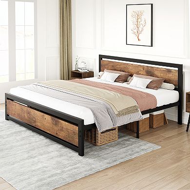 Metal Platform Bed with Wooden Headboard, Rustic Brown Frame, Noise-Free Design