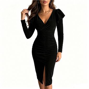 Women's Ruffle Shoulder Bodycon Midi Dress V-Neck Ruched Slit Long Sleeve Party Dress