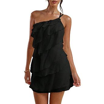 Women's One-Shoulder Ruffle Mini Dress Tiered Chiffon Asymmetrical Sleeveless Party Dress