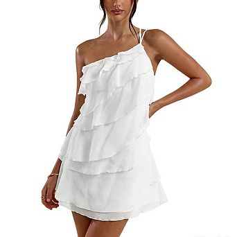 Women's One-Shoulder Ruffle Mini Dress Tiered Chiffon Asymmetrical Sleeveless Party Dress