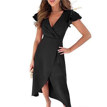 Women's Ruffle Sleeve Wrap Midi Dress V-Neck High-Low Slit A-Line Party Dress