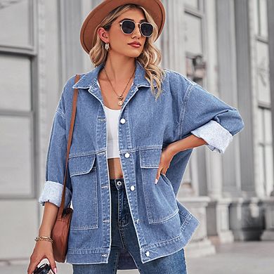 Women's Oversized Denim Jacket Lapel Button Down Casual Coat with Pockets for Spring Fall Daily Wear