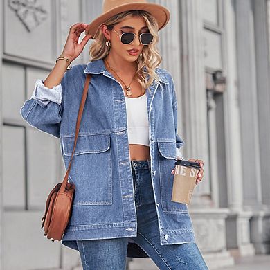 Women's Oversized Denim Jacket Lapel Button Down Casual Coat with Pockets for Spring Fall Daily Wear