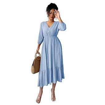 Women V Neck 3/4 Sleeve Swiss Dot Midi Dress Lace Trim Waist Elastic A-Line Ruffle Hem Casual Dress